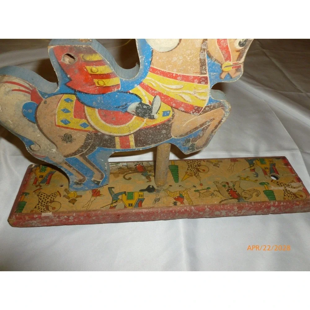 Vintage Wooden Circus Horse Pull Toy Litho Soldier Primitive Decor AS IS